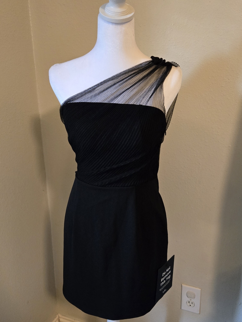 Lulu's Black One-Shoulder Cocktail Dress with Sheer Overlay